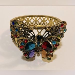 BEJEWELED CUFF BRACELET WITH BUTTERFLY TREMBLER EXCELLENT CONDITION